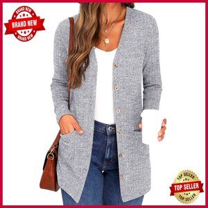 Long Sleeve Open Front Cardigan Lightweight Ribbed Knit Button Down with Pocket